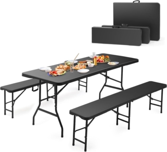Sekey Bierzeltgarnitur Klappbar Kunststoff | Tisch + 2 x Bierbank mit Tragegriffe Gartenmöbel Set | 180cm Festzeltgarnitur für drinnen - draußen | Biertisch Set Garten (Schwarz)