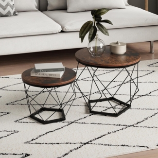 Home Collective Couchtisch Set, Wohnzimmertisch, Rund Tisch, mit modernem Metallgestell (Satz von 2), 50x44 & 40x37 cm, Braun Holzoptik