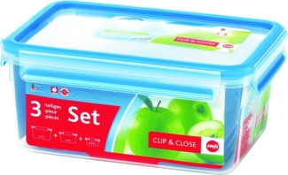 Emsa 512753 Clip & Close Frischhaltedosen | 3-teiliges Set | 0,55+ 1,00+ 2,20 L | -40 bis +100 Grad | Kunststoff | 100 % Dicht | Besondere Frische-Dichtung, Transparent / Blau