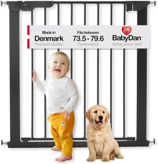 BabyDan Premier, Ohne Bohren Treppenschutzgitter, 73,5-79,6 cm, Babygitter,Sicherheitsgitter, Metall, Schwarz, Hergestellt in Dänemark - (Haustiergitter,Hundegitter)