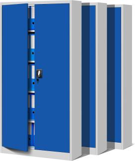 3er Set Aktenschrank C001 Metallschrank Stahlschrank Werkzeugschrank Büroschrank Lagerschrank Universalschrank Pulverbeschichtung Flügeltüren 185 x 90 x 40 cm (grau/blau)