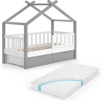 VitaliSpa Kinderbett Hausbett Einzelbett Design Weiß Grau modern 70x140 cm Kinderzimmer Bett Massivholz Lattenrost Schublade Rausfallschutz Schubladenbett Matratze