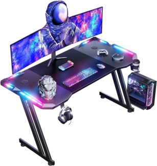 RGB Gaming Schreibtisch mit Fernbedienung mit LED-Beleuchtung Belastbar Arbeitstisch Gaming-Tisch Gaming-PC Computertisch Mit Getränkehalter und Kopfhörerhaken