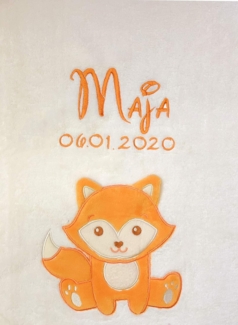 KIDDI-MEDIA Babydecke mit Name und Geburtsdatum Bestickt/kuschelig weich / 1A Qualität (Beige - Fuchs)