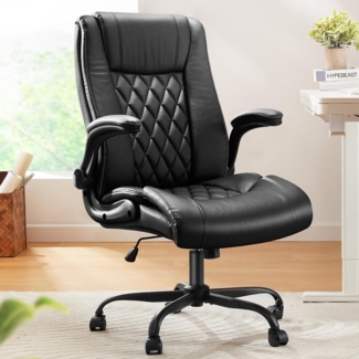 Marsail Chefsessel Bürostuhl mit Hochklappbaren Armlehnen, PU Leder Ergonomischer Schreibtischstuhl mit Kippfunktion Höhenverstellbar Drehbar Rollend für Homeoffice, Schwarz