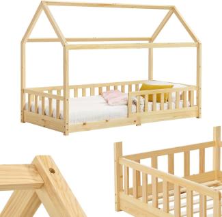 Juskys Kinderbett Marli 90 x 200 cm mit Rausfallschutz, Lattenrost und Dach - Massivholz Hausbett für Kinder - Bett in Natur