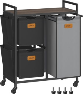 VASAGLE Wäschekorb 3 Fächer, Wäschesammler 100 L, Wäschesortierer, Rollen, Wäschewagen mit Ablage, Wäschesack, kleine seitliche Taschen, 6 Etiketten, kastanienbraun-tintenschwarz-taubengrau