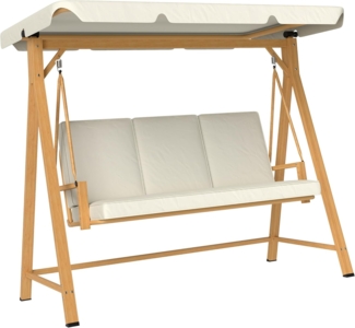 Outsunny Hollywoodschaukel mit verstellbarem Sonnendach, Sitzauflage, Holzoptik, 2-Sitzer, Schaukelfinktion, 3-Sitzer Gartenschaukel, 1 tlg, UV 30+ Schaukelbank, belastbar bis 330kg, für Garten, Terrasse, 198 x 120 x 170cm Beige