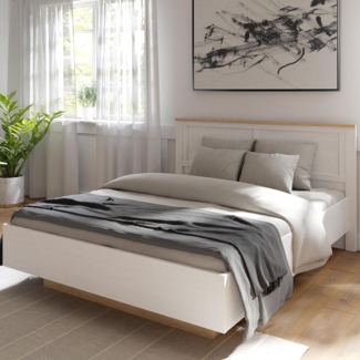 Forte Bohol Bett 180, Landhausstil Bett mit Lattenrost, Holzwerkstoff, Riviera Eiche/Sibiu Lärche Hell Dekor, 176,2 cm breit, 102,9 cm hoch, 206,4 cm tief