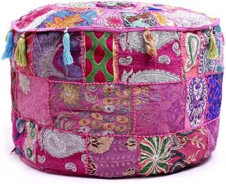 Aakriti Indian Pouf Fußhocker mit Stickerei Pouf, indische Baumwolle, Pouffe osmanischen Pouf Cover mit ethnischem Dekor Kunst - Cover (Pink, 46x33 cms)