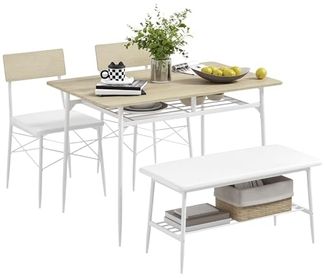 HOMCOM Essgruppe Esstisch mit 2 Stühlen, Bank, (Esszimmergruppe, 4-tlg, Küchentisch-Set), für kleine Räume, Küche, Wohnzimmer, Eiche