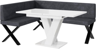 MEBLINI Eckbank für Esszimmer mit ausziehbarem Tisch - Küchenbank - Essecke - Sitzecke Küche - ERIC - X-Beine 128x168x87cm Links - Dunkelgrau Samt/M Weiß Hochgl.