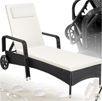 tectake Poly Rattan Gartenliege mit Rollen, 6-Fach höhenverstellbarer Liegestuhl, bis 120kg belastbar, Sonnenliege Rattan (wetterfest), Liege inkl. Polster und Kissen - schwarz/beige
