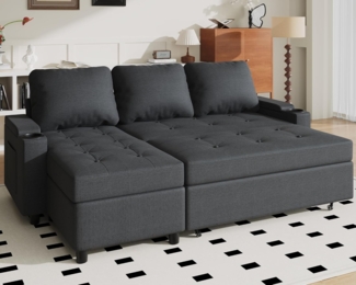 JUMMICO Schlafsofa mit Bettkasten L Form Sofa mit Schlaffunktion 3 Sitzer Couch klein Cordstoff Ecksofa Schlafcouch Ausziehbar Wohnlandschaft für Wohnung und Wohnzimmer Dunkelgrau