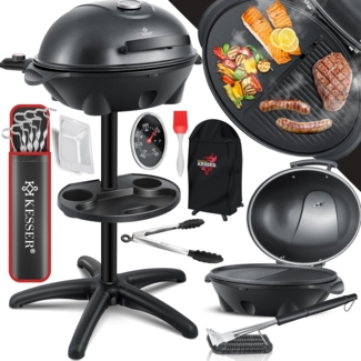 KESSER® elektrischer Elektrogrill 2in1 Tischgrill - Standgrill mit Deckel Standfuß | max. 2400 Watt Thermometer | Antihaftbeschichtung | XXL Grillplatte | integrierte Ablagefläche Elektro-Säulengrill Schwarz - Set