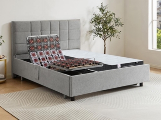 Vente-unique - Dekoratives Bett mit elektrischer Relaxfunktion mit Tellern + Taschenfederkern- & Memory-Schaum-Matratze - 2 x 80 x 200 cm - Stoff - Grau - MANAM von YSMÉE