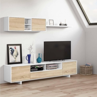 Dmora Wohnzimmerwandsystem, moderner TV-Schrank aus Eiche, mit 2-türiger Oberschrank und Regal, 200 x 46 x 41 cm, Farbe Eiche und Weiß