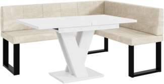MEBLINI Eckbank für Esszimmer mit ausziehbarem Tisch - Küchenbank - Essecke - Sitzecke Küche - PETER - U-Beine 128x168x87cm Rechts - Creme Samt/M Weiß Matt