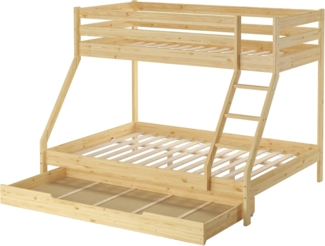 Doppel-Etagenbett 140x200 und 90x200 Erwachsenen-Stockbett Kiefer, Rollrost und Bettkasten inkl.