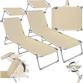 tectake 2er Set Liegestuhl Garten mit Sonnenschutz, Gartenliege klappbar, Balkon oder Terrassen Liege mit Verstellbarer Rückenlehne, Strandliege mit Sonnendach, bis zu 110 kg belastbar - beige