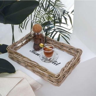 LebensWohnArt Dekotablett Landhaus-Tablett BON APPETIT 42x27cm Kubu Grey Rattan Handarbeit