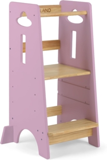 COSYLAND Lernturm ab 1 Jahr - Höhenverstellbarer Learning Tower für Kinder (3-stufig) - Montessori Lernturm mit Kippschutz & Massivholz (Holzfarbe & Pink)