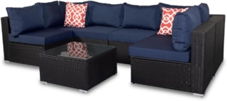 Gartenmöbel Sitzgruppe Sofa 7 tlg. Schwarz Blau Sitzkissen Lounge Polyrattan Set Möbel Sitzgarnitur Couch Gartenset Terrassenmöbel Essgruppe Marineblau