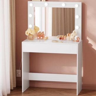 EUGAD Schminktisch mit Spiegel, LED Beleuchtung und 1 Schubladen, Holz weiß, 80 × 40 × 140 cm