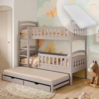 Kids Collective Etagenbett Hochbett Stockbett Kinderbett 90x200 cm mit Ausziehbett und Schubladen (mit drei Matratzen), Umbaubar zu 3 Einzelbetten mit Lattenrosten & Rausfallschutz, kaschmir