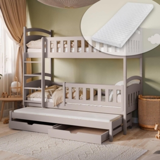 Kids Collective Etagenbett Hochbett Stockbett Kinderbett 90x200 cm mit Ausziehbett und Schubladen (mit drei Matratzen inklusive), Umbaubar zu 3 Einzelbetten mit Lattenrosten & Rausfallschutz, Kaschmir