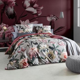 Fleuresse Mako-Satin Bettwäsche 155x220 Blüten Blätter Wende grau rot 114383-4