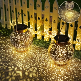 Solarlaterne für Außen, 2 Stück Solarlampen Balkon Deko, Outdoor IP65 Wasserdicht Gartendeko für Draußen, LED Vintage Laterne Hängend für Veranda, Garten Dekorationen Terrasse Rasen Hof Gehweg