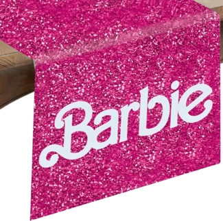 Amscan Malibu 1574100d-fc2c-4dee-b294-65a47ff2787a Barbie-Tischläufer, 33x183 cm, atemberaubende Dekoration und Material, perfekt für Kinderpartys, rosa, Stoff, modern, massiv, 1 Stück