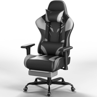 JUMMICO Gaming Stuhl mit verstellbaren Armlehnen, Bürostuhl Ergonomisch mit Fußstütze, Gamer Stuhl Belastbarkeit 150 kg, Gray