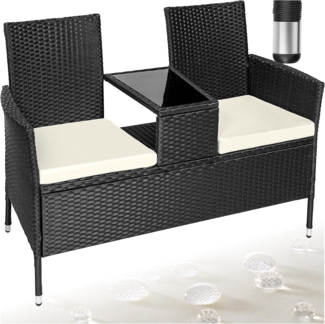 tectake 404557 Poly Rattan Gartenbank mit Tisch, 2-Sitzer Bank, 131 x 61 x 82 cm, Sitzbank für Garten Balkon und Terrasse, Gartensitzbank inkl. Sitzkissen, schwarz-beige