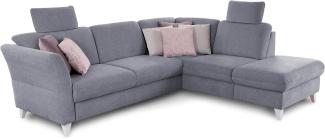 CAVADORE Ecksofa Trend / Skandinavische Eckcouch mit Federkern, Ottomane und 2 Kopfstützen / 252 x 86 x 213 / Chenille, Hellblau