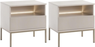 Vente-unique - 2er-Set Nachttische mit 1 Schublade & 1 Ablagefach - Mit LED-Beleuchtung - MDF & Rauchglas - Beige - OVILA