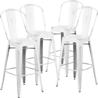 Flash Furniture Handelsübliche Qualität, 4 Stück, 76,2 cm hoch, Metall, für drinnen und draußen, Barhocker mit Rückenlehne, Weiß, 4 Stück