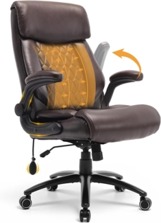 COLAMY Ergonomischer Chefsessel mit Lordosenstütze, gepolsterten Hochklapparmen und Kippverstellung für langes Arbeiten im Homeoffice, Braun