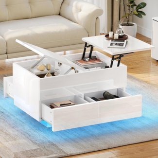 YITAHOME Couchtisch Höhenverstellbar mit Stauraum Wohnzimmertisch Hochglanz mit 16-Farbiger LED, Kaffeetisch mit Schubladen und Anhebbarer Platte, Weiß, 80 x 55 x 46 cm