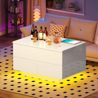 YITAHOME Couchtisch Höhenverstellbar mit Stauraum Wohnzimmertisch Hochglanz mit 16-Farbiger LED, Kaffeetisch mit Schubladen und Anhebbarer Platte, Weiß, 80 x 55 x 46 cm