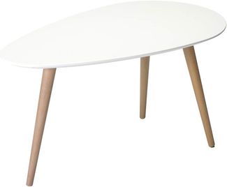 Ibbe Design Oval Rund Weiss Couchtisch Modern Skandinavisch Retro Kaffeetisch Beistelltisch MDF Fly, Natur Massiv Buche Holz Beine, 75 x 43 x 39 cm