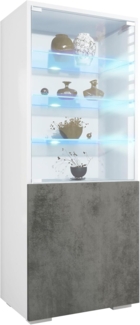 Vladon Standvitrine Granada (Vitrinenschrank, mit Glastür und Glaseinsatz inkl. LED) Weiß matt/Beton Dunkel Optik (50 x 122,5 x 34,5 cm)