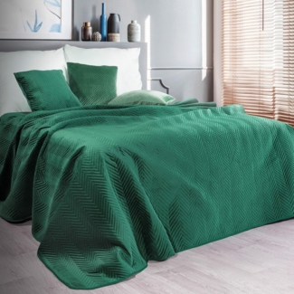 Tagesdecke Velours Samtdecke Gesteppt Steppdecke Klassische Decke SOFIA dunkelgrün 230x260 cm dunkelgrün