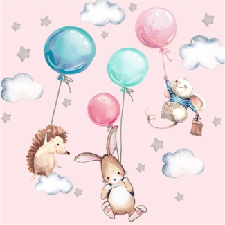 Montegoni Wandsticker Kinder Tier Heißluftballon Wandsticker,Wandaufkleber Deko (Wandtattoo mit Waldtieren für Kinderzimmer, aquarell tiere heißluft ballon wolken aufkleber), wasserdichte abnehmbare, kindergarten haus dekoration