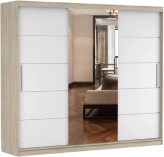 Schwebetürenschrank Alba 250 cm, Schiebetürenschrank mit Spiegel, Kleiderschrank mit Kleiderstange und Einlegeboden, Schlafzimmerschrank, Schiebetüren, Modern Design (Sonoma/Weiß)