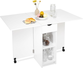 Meerveil Mobiler Klapptisch, Klappbarer Esstisch Geeignet für kleine Räume mit 1 Schublade und 2 Ablagen für Esszimmer und Küche, Weiß H1071KT01WT 72 x 120 x 75 cm