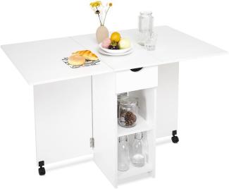 Meerveil Mobiler Klapptisch, Klappbarer Esstisch Geeignet für kleine Räume mit 1 Schublade und 2 Ablagen für Esszimmer und Küche, Weiß H1071KT01WT 72 x 120 x 75 cm