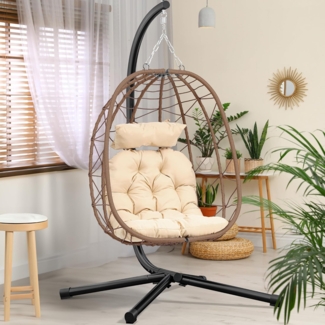 YITAHOME Hängesessel mit Kissen, Max. Belastung 150kg, Hängesessel Outdoor mit Gestell Körbe 195 x 120 x 108 cm Hängesessel Stabiler Rattan für Garten, Indoor & Outdoor, Braun Eierstuhl & Beige Kissen