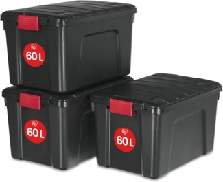 Iris Ohyama, große Kunststoff-Aufbewahrungsbox, 60 l Garagen-Aufbewahrungsbox, 3er-Set, SIA-60, schwarz, stapelbar, Verschlussklammern ? B59 x T39,5 x H35,5 cm